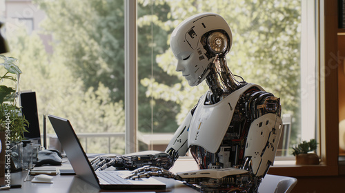 humanoid robot works in an office on a laptop, showcasing the utility of automation in repetitive and tedious tasks.