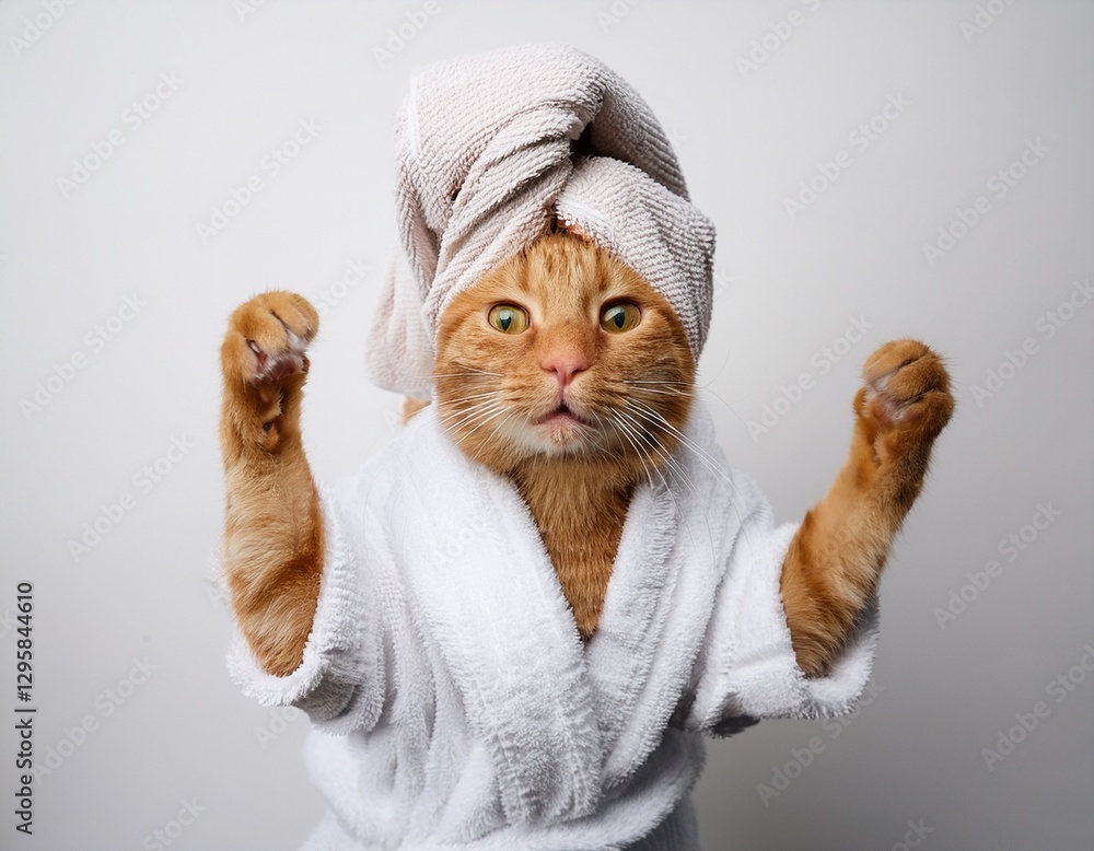 A cheerful morning scene featuring a red-haired cat wearing a bathrobe and a towel on its head, happily celebrating against an orange background. A cheerful morning scene featuring a red-haired cat wearing a bathrobe and a towel on its head, happily celebrating against an orange background.