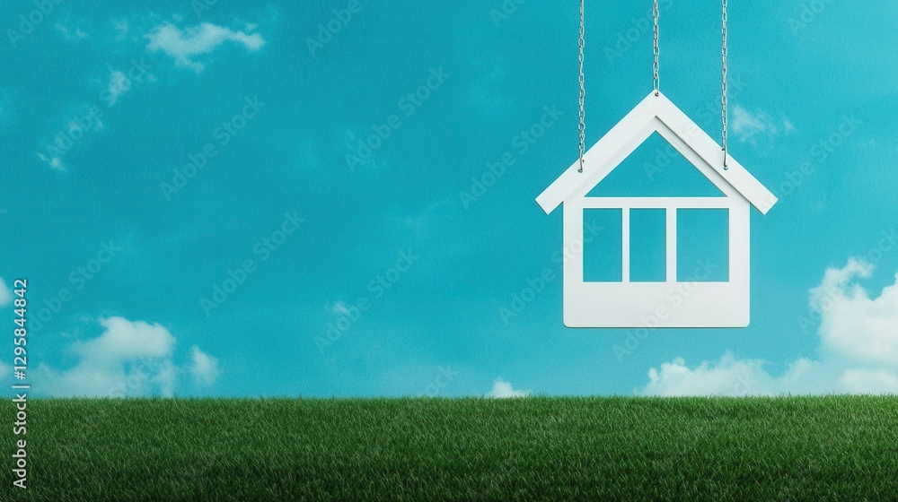 Paper house model suspended above lush green grass and clear sky Paper house model suspended above lush green grass and clear sky