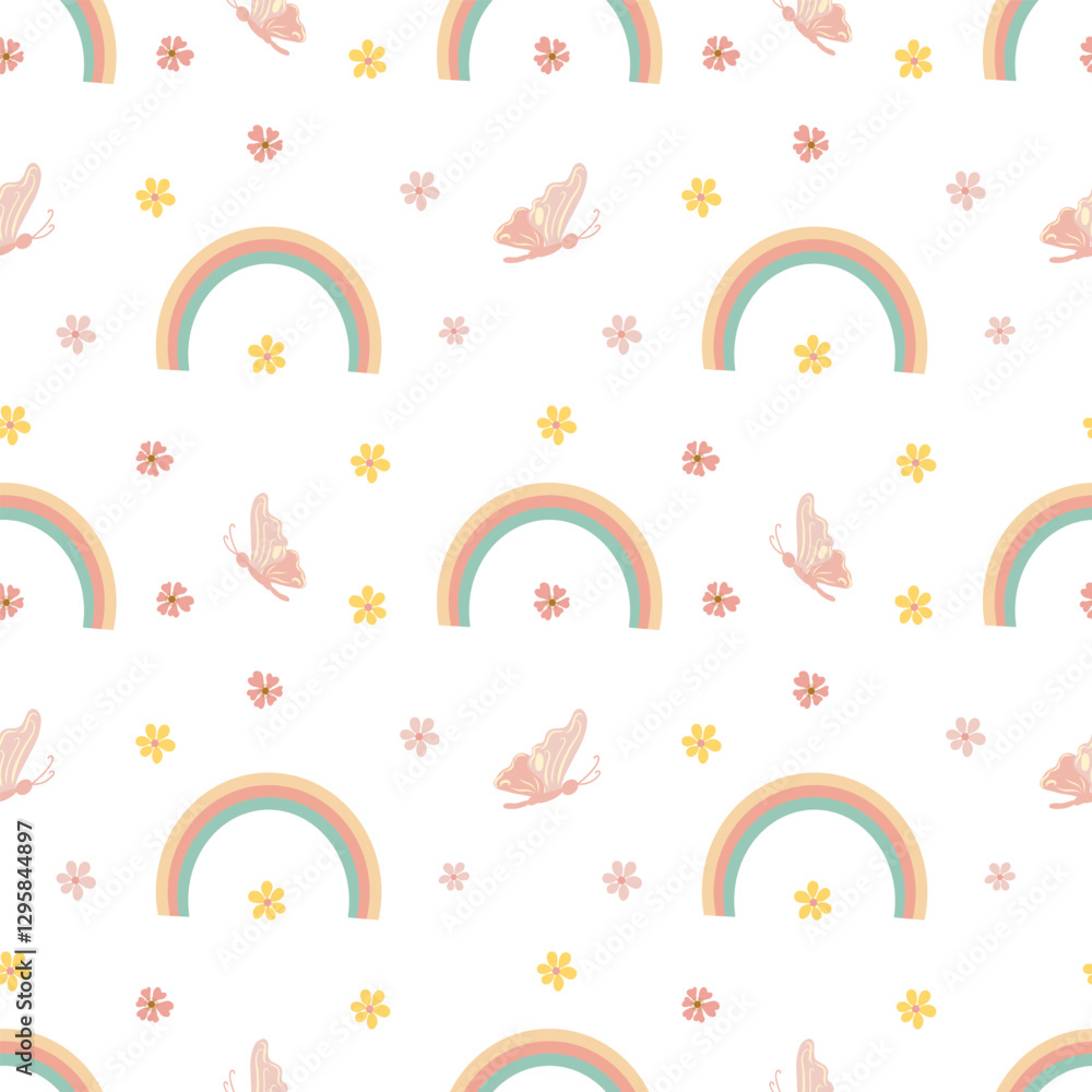 Seamless pattern with rainbow, butterflies and flowers. Hand drawn seamless pattern for children design, decoration, cards Seamless pattern with rainbow, butterflies and flowers. Hand drawn seamless pattern for children design, decoration, cards