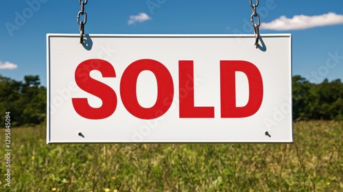 Bright Red Sold Sign Hanging Over Green Field Under Blue Sky