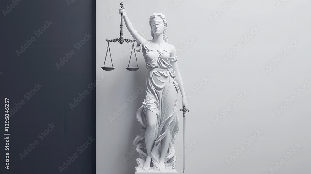 Obraz premium Elegant White Statue of Lady Justice Holding Scales and Sword