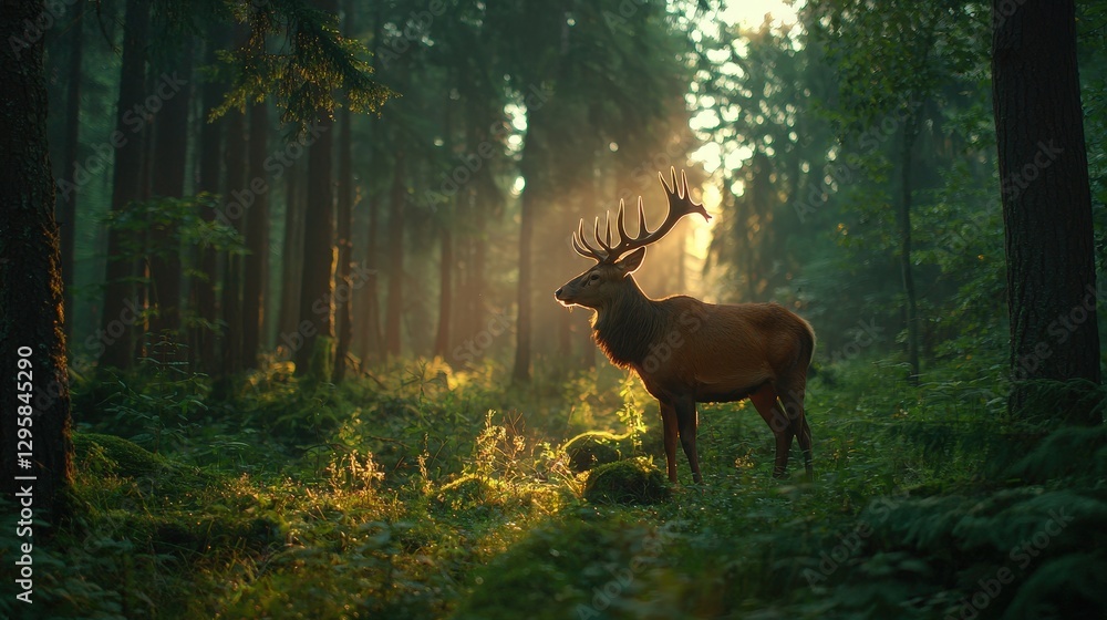Fototapeta premium Majestic deer standing in a sunlit forest clearing amongst tall trees