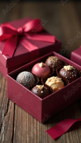Chocolate truffles in a decorative box with ribbon , dessert, luxury