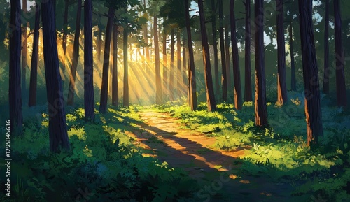 Sunlight path through forest at sunrise photo
