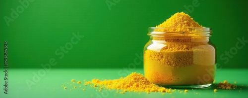 Glass jar filled with colorful bee pollen against a green background, pollination, honey, botanicals photo