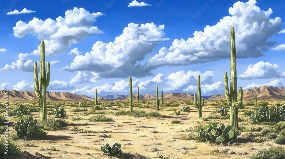 Fototapeta premium Desert Landscape with Saguaro Cacti Under a Cloudy Sky