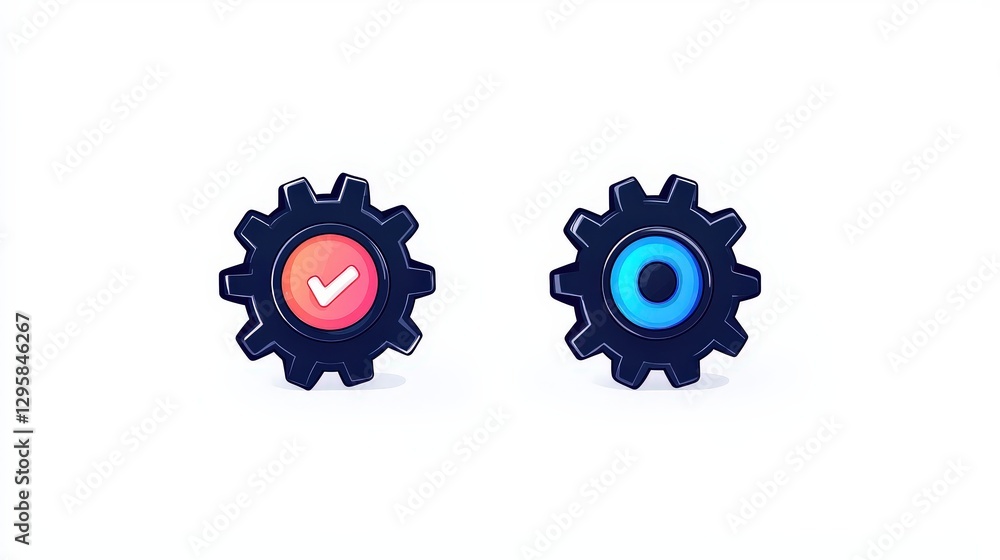 Two stylized gear icons with check mark and circle elements