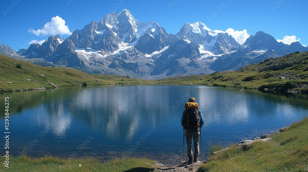 Hiker admires breathtaking mountain landscape reflecting in tranquil lake under clear blue sky Hiker admires breathtaking mountain landscape reflecting in tranquil lake under clear blue sky