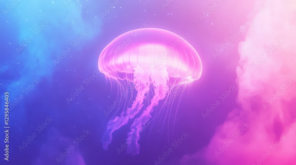 Naklejka premium Close-up of a jellyfish glowing in vibrant blue water, illuminated by natural light, minimalistic and serene, artistic and inviting