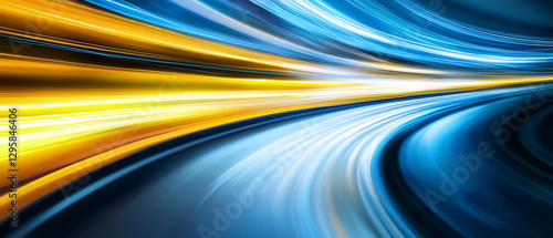 A vibrant abstract design featuring flowing blue and yellow light trails, representing speed and motion.