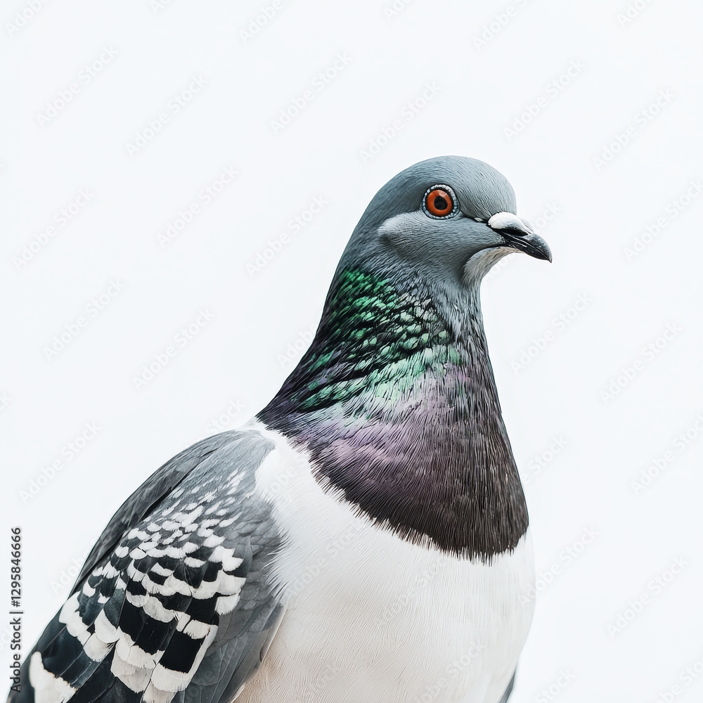 Fototapeta premium Close-up of a pigeon, iridescent neck feathers, white breast