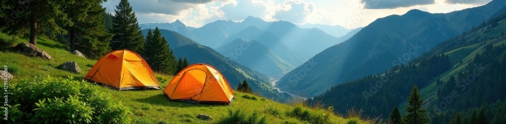 custom made wallpaper toronto digitalTwo tents nestled in vibrant green forest, mountains in background, trip, forest