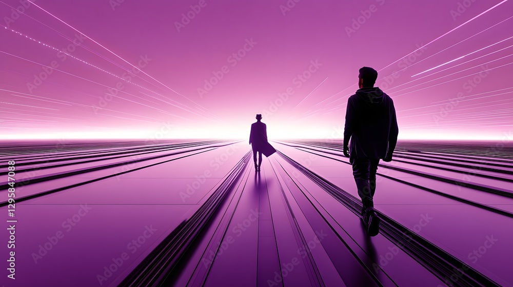 Two figures walking towards a vibrant purple horizon with dynamic light streaks in the background Two figures walking towards a vibrant purple horizon with dynamic light streaks in the background