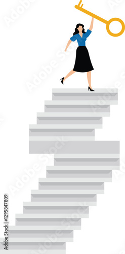 Businesswoman winner walk up to the top of stairway lifting golden success key to the sky, key to business success, stairway to find big success or achieve career target