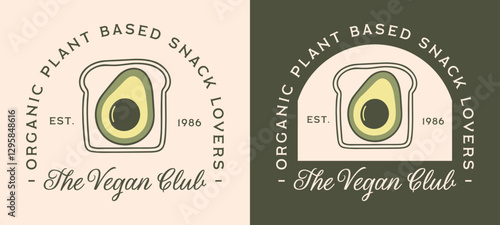 Vegan plant based snack lovers club cute avocado toast girls community badge shirt design funny quotes. Green retro vintage fancy aesthetic organic breakfast healthy food illustration printable card.