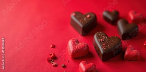Heart-shaped chocolates arranged on red background, background, sweetness