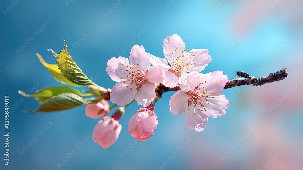 A Delicate Branch Displaying Beautiful Pink Blossoms Against Blue Sky A Delicate Branch Displaying Beautiful Pink Blossoms Against Blue Sky