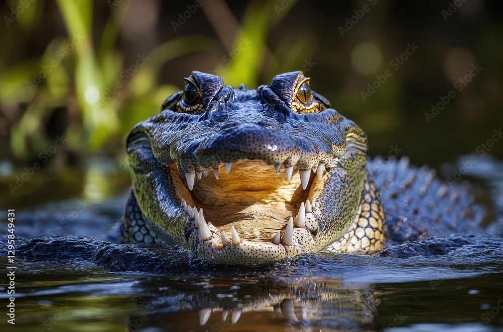 Obraz premium Close-Up of a Crocodile in Water with Open Mouth Displaying Sharp Teeth and Glimmering Eyes Amidst Greenery in Natural Habitat