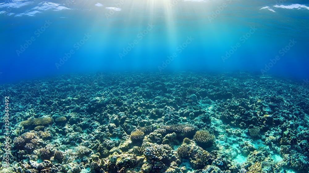 Fototapeta premium Underwater Coral Reef Scene with Sunlight Filtering Through Water and Vibrant Marine Life