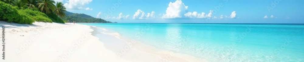 Obraz premium White sand beach, clear shallows, distant island silhouette, sunlight, turquoise, sunny