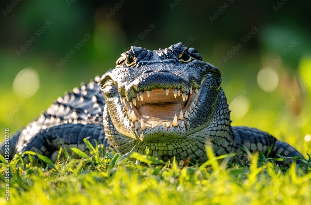 Fototapeta premium Close-Up of a Crocodile Lying on Green Grass with Open Mouth in Natural Habitat Capturing Teeth and Textured Skin Under Soft Light