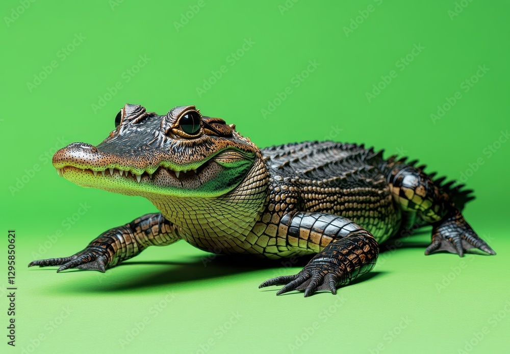 Close-up of a Crocodile on a Vibrant Green Background, Showcasing Detailed Scales and Expressive Eyes for Wildlife Photography Close-up of a Crocodile on a Vibrant Green Background, Showcasing Detailed Scales and Expressive Eyes for Wildlife Photography
