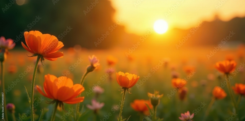 Golden sunset bathes swaying wildflowers, soft focus , breeze, delicate Golden sunset bathes swaying wildflowers, soft focus , breeze, delicate