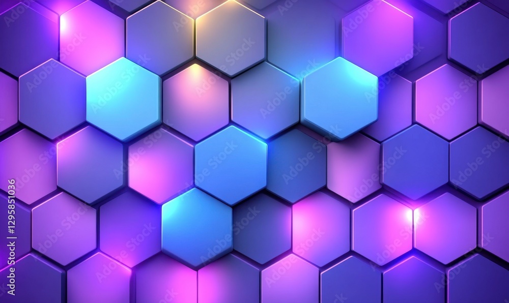 Glowing neon purple, blue hexagons background, futuristic technology, abstract design Glowing neon purple, blue hexagons background, futuristic technology, abstract design