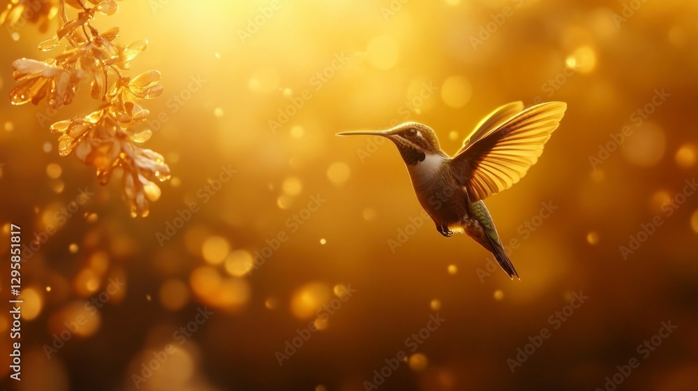 Naklejka premium Hummingbird hovering in golden mist nature scene gigapixel detail enchanted environment close viewpoint