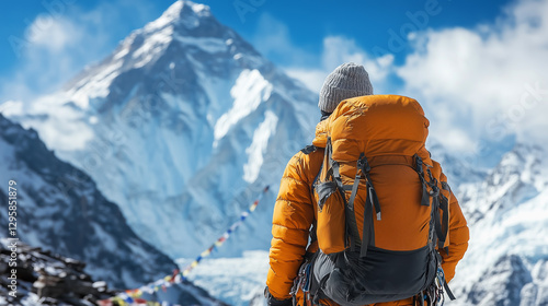 Mountain climber gazes at the summit of Everest on a clear day while wearing a warm jacket and carrying a substantial backpack