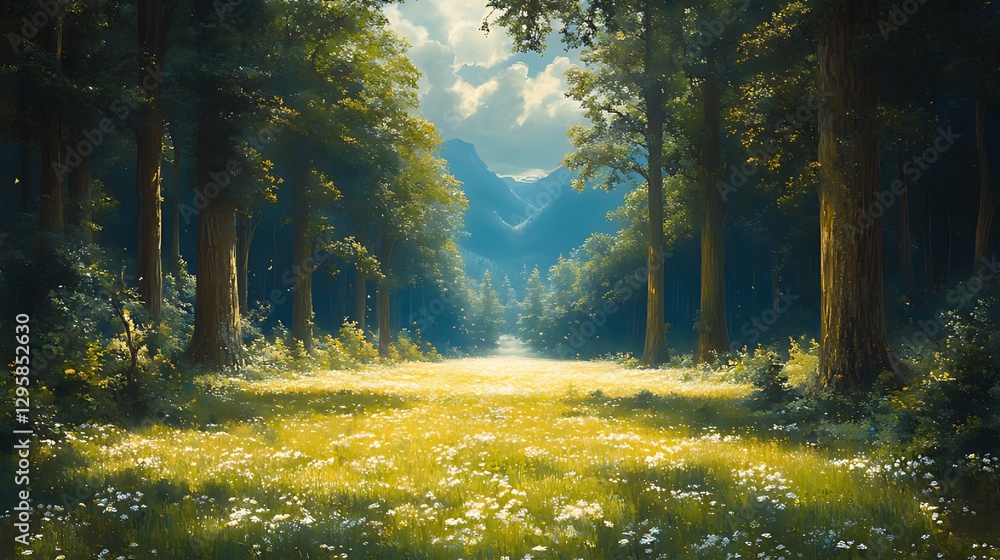 Sunlit forest path, meadow, mountains, game background Sunlit forest path, meadow, mountains, game background