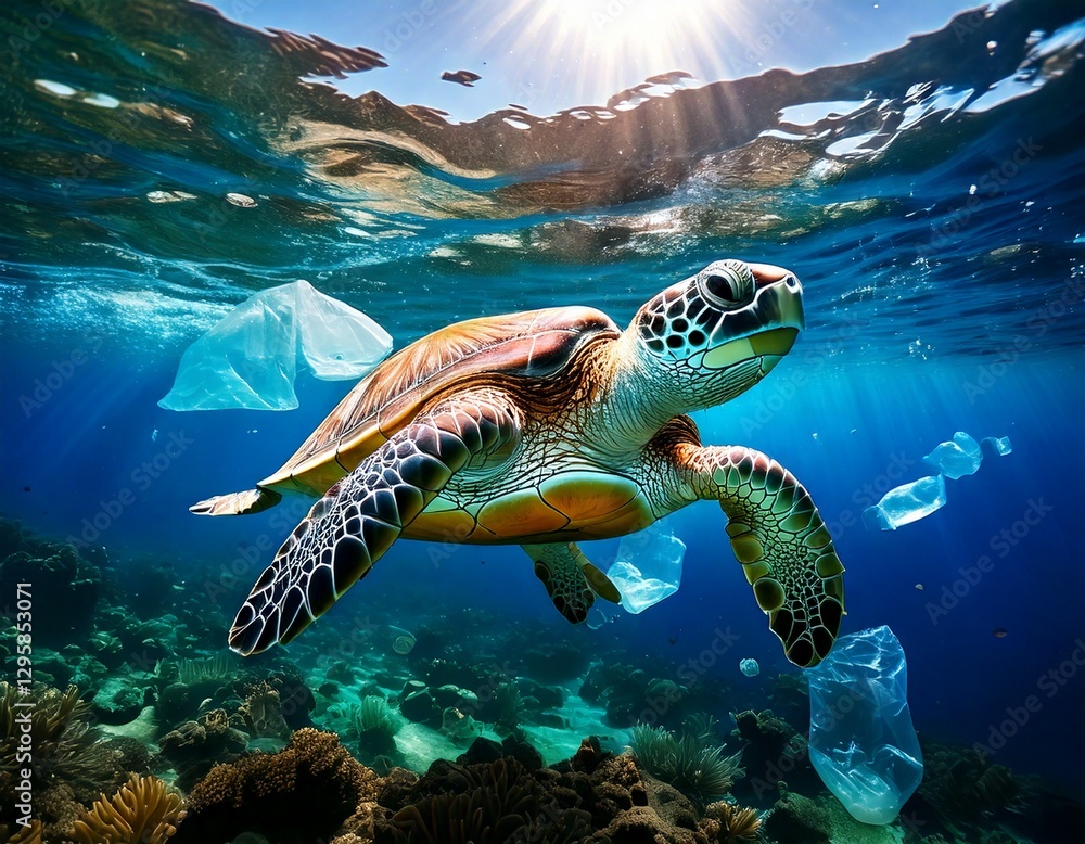 Obraz premium Turtles swimming on the surface of the water plastic bag and bottles in the Blue ocean
