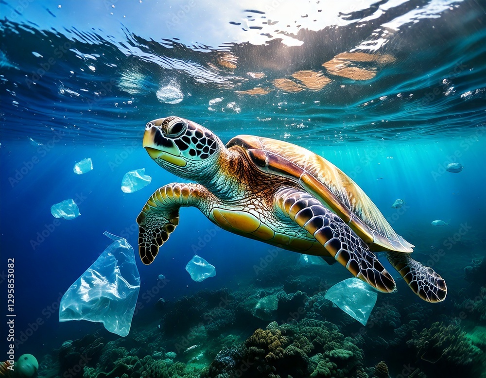 Obraz premium Turtles swimming on the surface of the water plastic bag and bottles in the Blue ocean