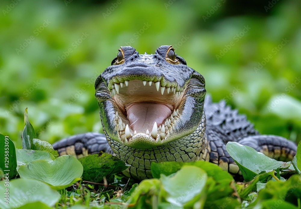 Obraz premium Close-Up of a Crocodile Smiling on a Lush Green Surface Surrounded by Leaves, Showcasing its Sharp Teeth and Textured Skin in Natural Habitat