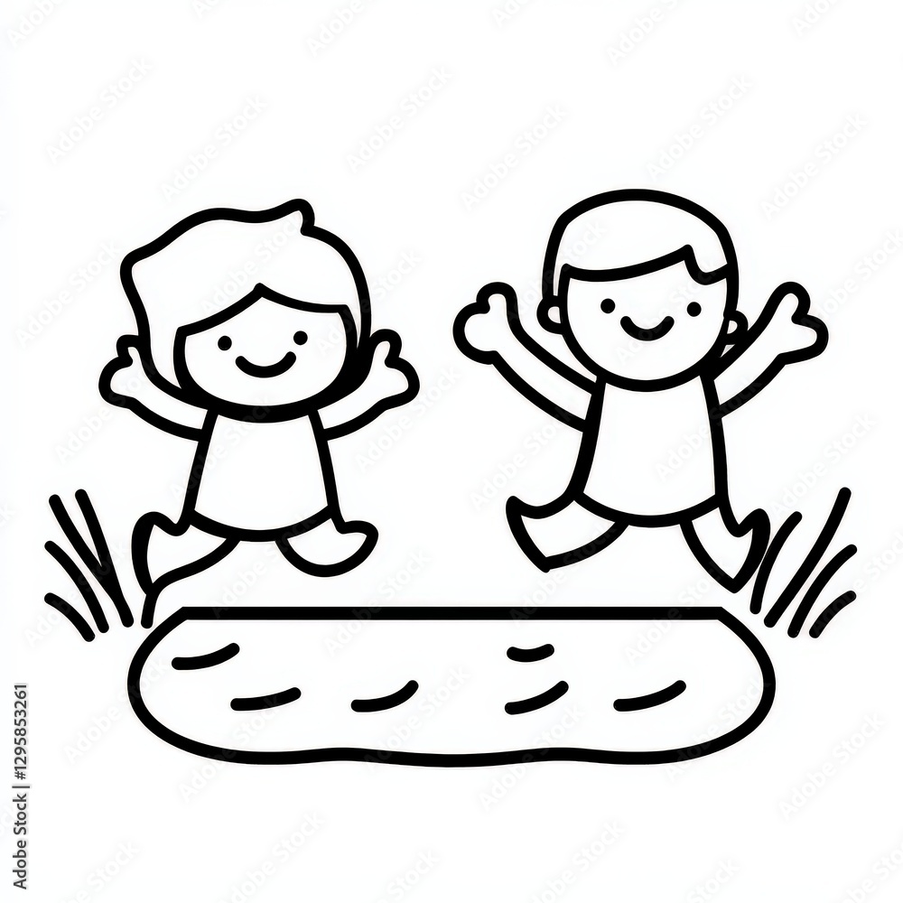 Kids Playing Happily Near a Water Pond, Coloring cartoon for child in summer 2025