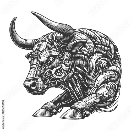 cybernetic bull with mechanical components, gears, and futuristic robotic details in steampunk style sketch engraving generative ai vector illustration. Scratch board imitation. Black and white image.