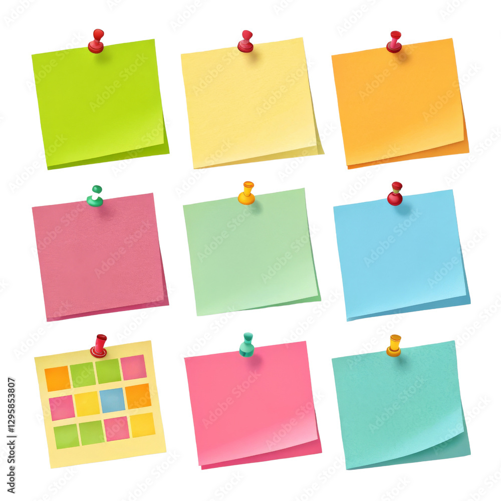 Nine Colorful Sticky Notes with Pins Isolated on Transparent Background, Notepaper, Reminder, Memo Pad, Stationery Nine Colorful Sticky Notes with Pins Isolated on Transparent Background, Notepaper, Reminder, Memo Pad, Stationery