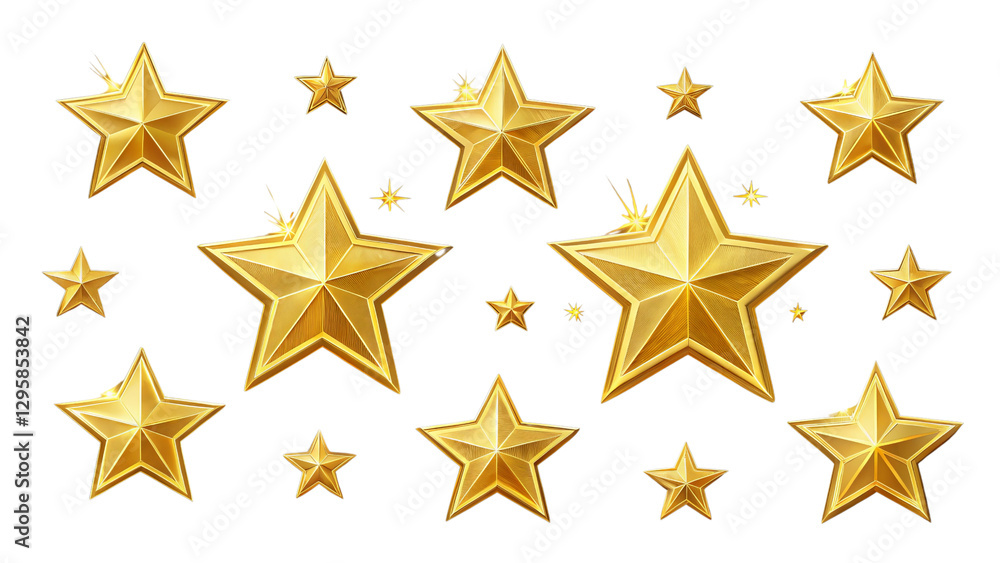 Obraz premium Golden Stars Composition 3D Rendered Shiny Stars Isolated on Transparent Background, Award, Decoration, Gold Stars, 3D Render, Graphic Design