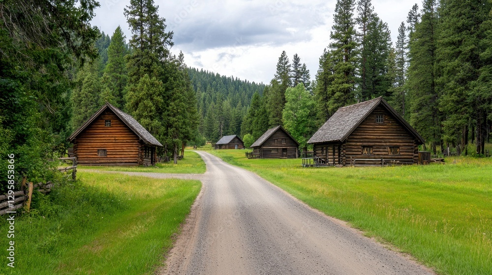 Serene Road Leading to Rustic Cabins Surrounded by Green Forests Serene Road Leading to Rustic Cabins Surrounded by Green Forests