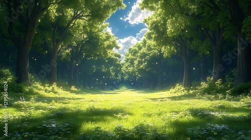 Sunlit Forest Path, Spring, Green Meadow, Butterflies, Background Sky, Game Design