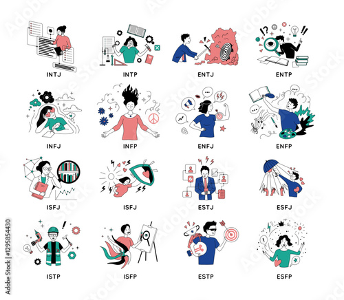 Cartoon Color Characters People Personality Types Myers Briggs Personality Test Concept Flat Design Style. Vector illustration of Mbti Person