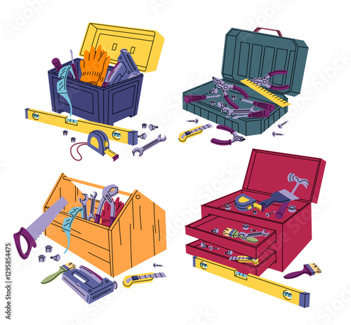 Cartoon Color Different Construction Toolkit Boxes Set Repair Master Implement Tool Box Concept Flat Design Style. Vector illustration of Toolbox