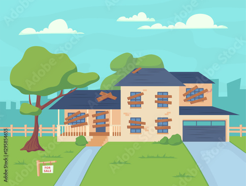 Cartoon Color Abandoned Cottage on a Landscape Scene Concept Flat Design Style. Vector illustration of Old Dilapidated Suburban House