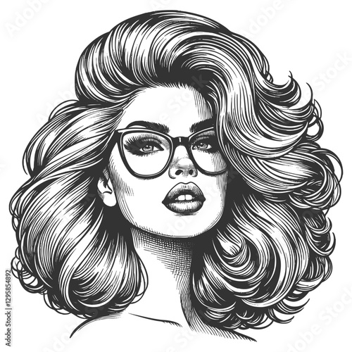 woman with large glasses and voluminous wavy hair, gazing thoughtfully sketch engraving generative ai fictional character vector illustration. Scratch board imitation. Black and white image.