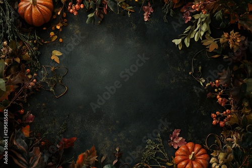 Autumnal frame of pumpkins, leaves, and berries on dark background photo