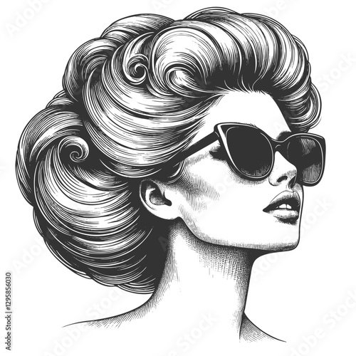fashionable woman with voluminous hair wearing stylish sunglasses, exuding confidence and glamour sketch engraving generative ai vector illustration. Scratch board imitation. Black and white image.