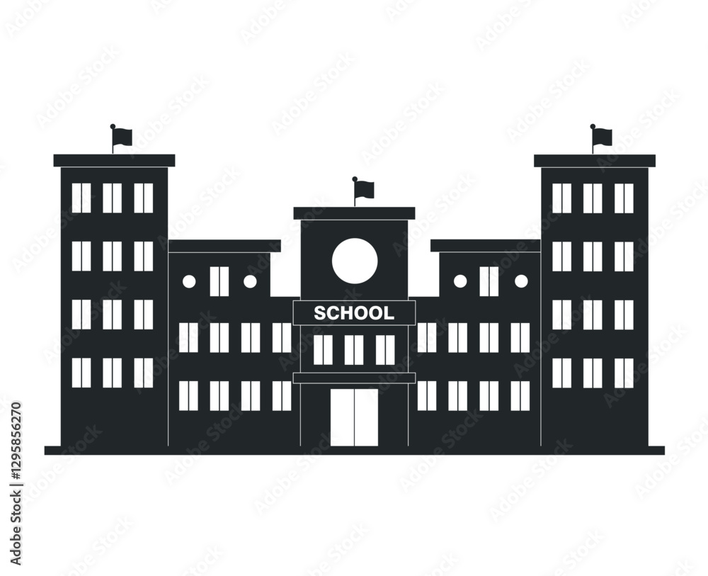 Obraz premium Black silhouette icon of multistory school building. Architecture concept. Education.