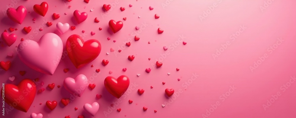 Scattered hearts, various sizes and shades of red, pink background, decor, couple, beautiful Scattered hearts, various sizes and shades of red, pink background, decor, couple, beautiful