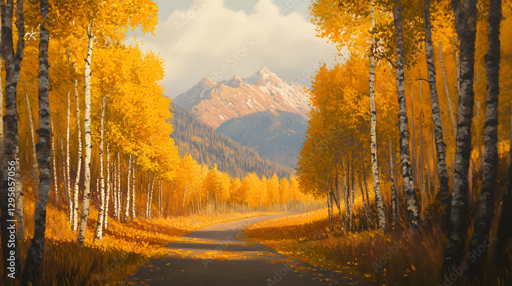 Fototapeta premium Oil painting of an autumn birch forest, with warm colors and a beautiful scenery. 